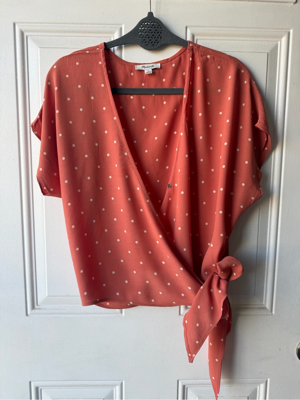 Madewell Coral Polka Dot Wrap Blouse Medium